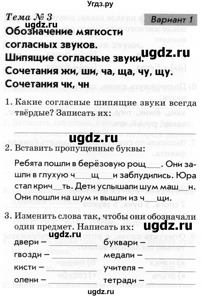 ГДЗ (Тетрадь 2019) по русскому языку 1 класс (Тематический контроль (математика, русский)) В.Т. Голубь / русский язык / 3. обозначение мягкости согласных звуков / Вариант 1